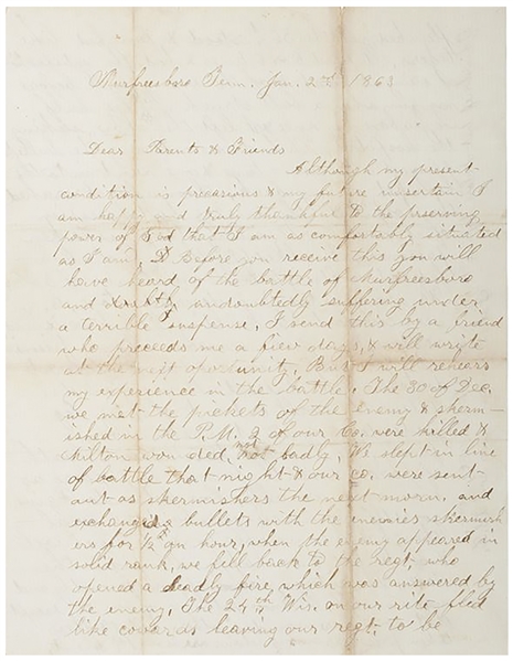 Civil War Letter Lot by a 36th Illinois Infantryman WIA at Murfreesboro -- ''...had the satisfaction of seeing at least 2 of the enemy fall before my gun when a ball struck my left leg...''